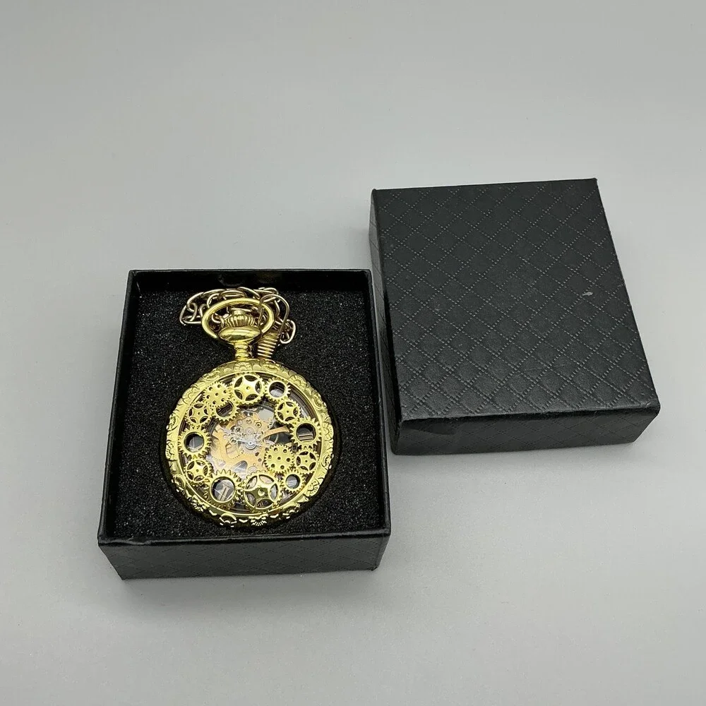 Steampunk Gear Pocket Watch Men 47mm Gold Tone Skeleton Half Hunter Manual